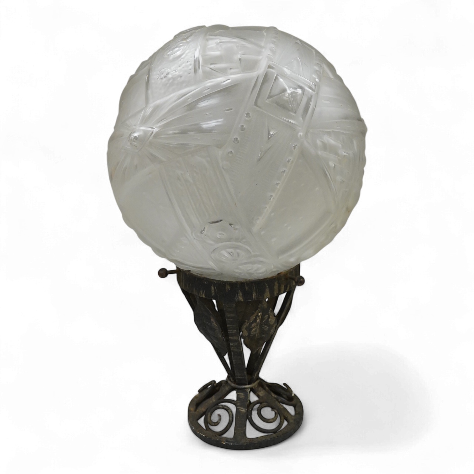 An Art Deco wrought and cast iron ceiling light with pressed glass shade, 44cm high